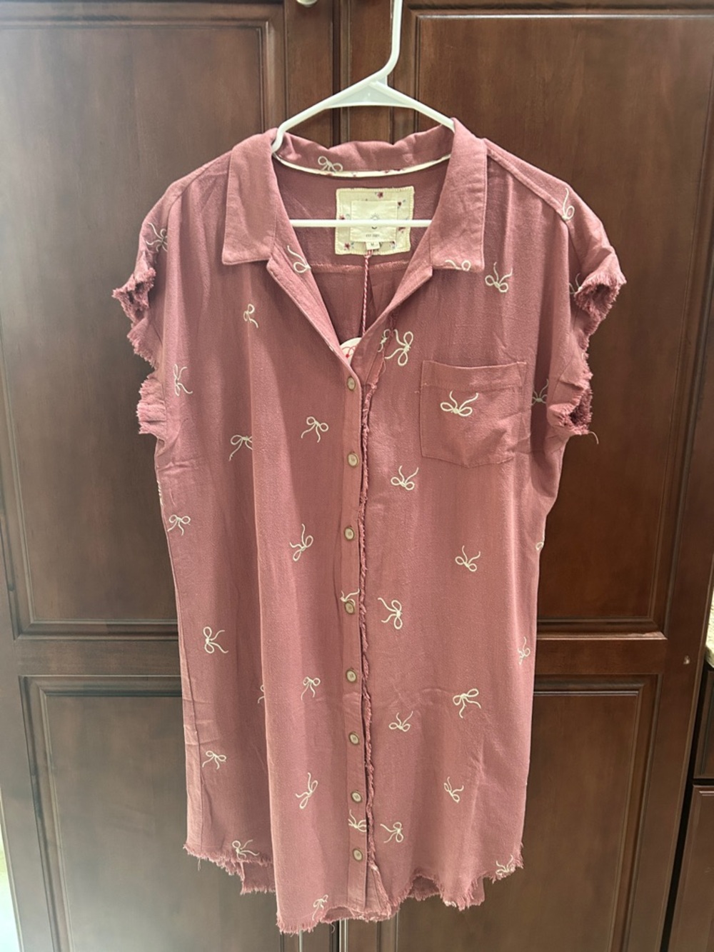 Umgee Dusty Rose Linen Shirt Dress with Frayed Hem